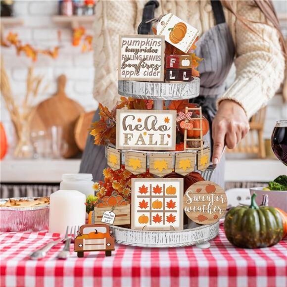 New 14‎ Pcs Fall Tiered Tray Decor Set - Rustic Farmhouse Pumpkin & Spice Blocks - Picture 5 of 7